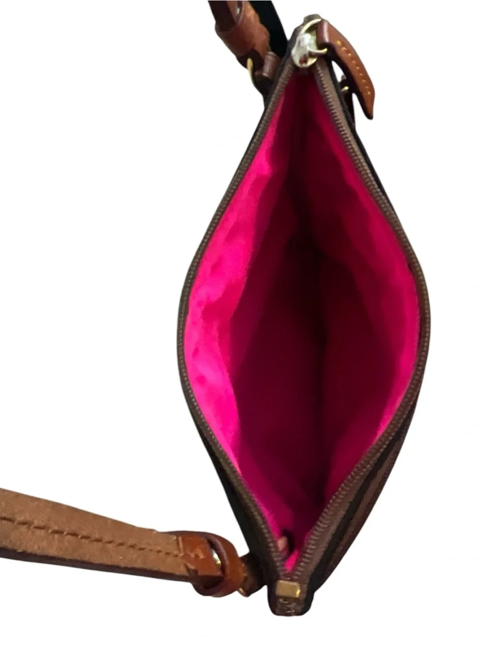 Dooney & Bourke Vintage Black Nylon Triple Zip Crossbody Bag, Hot Pink Interior